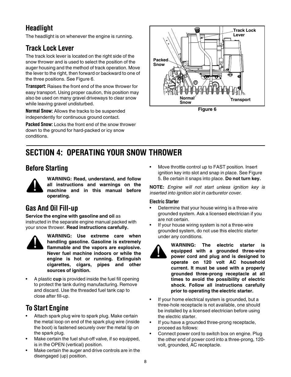 Headlight, Track lock lever, Section 4: operating your snow thrower | Before starting, Gas and oil fill-up, To start engine | Troy-Bilt 1028 User Manual | Page 8 / 32