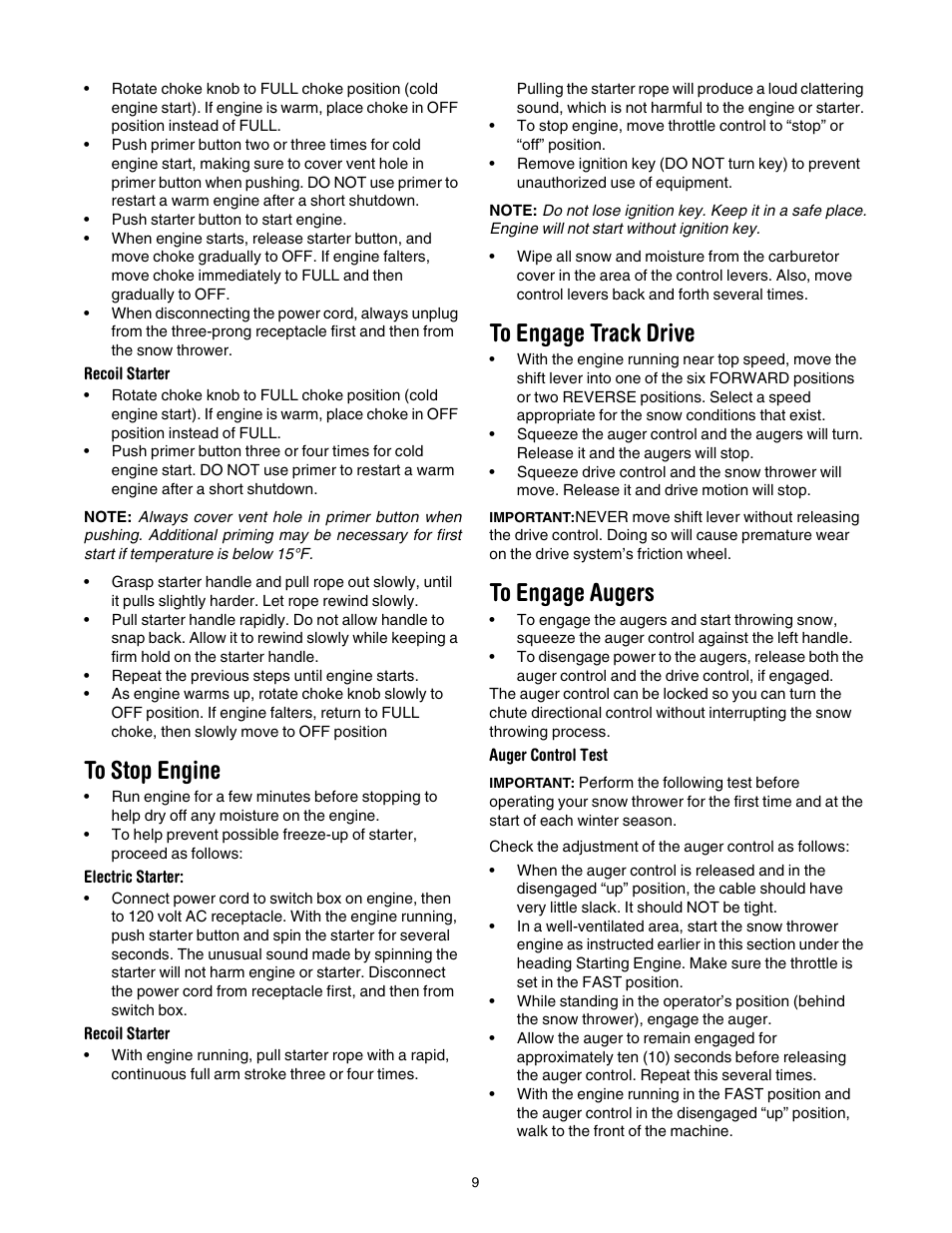 To stop engine, To engage track drive, To engage augers | Troy-Bilt 1028 User Manual | Page 9 / 32