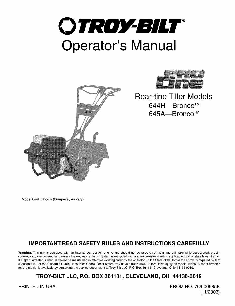 Troy-Bilt PRO LINE 645AMBRONCO User Manual | 36 pages