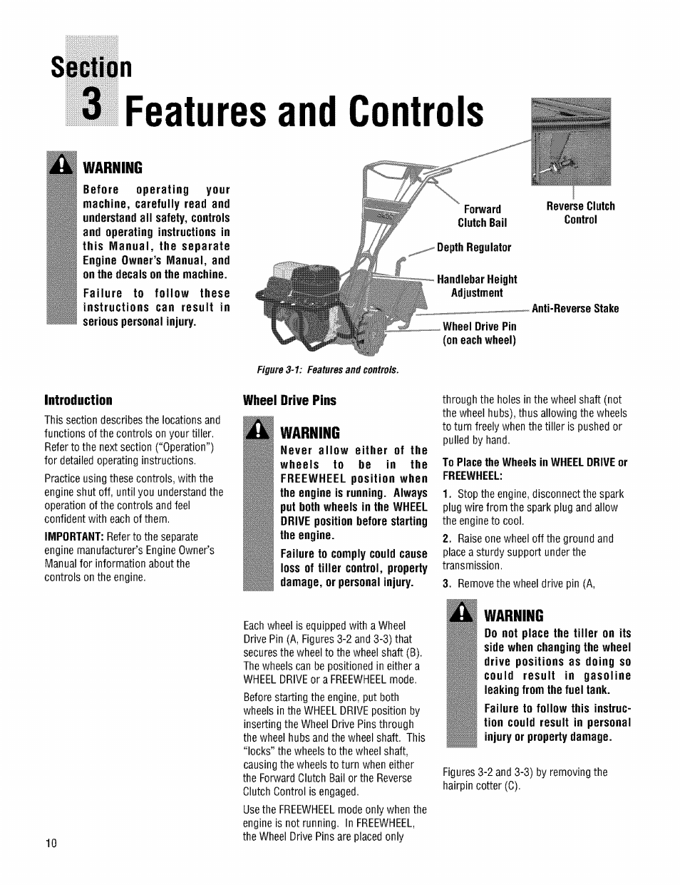 Section, 3 features and controls, Warning | Wheel drive pins | Troy-Bilt PRO LINE 645AMBRONCO User Manual | Page 10 / 36