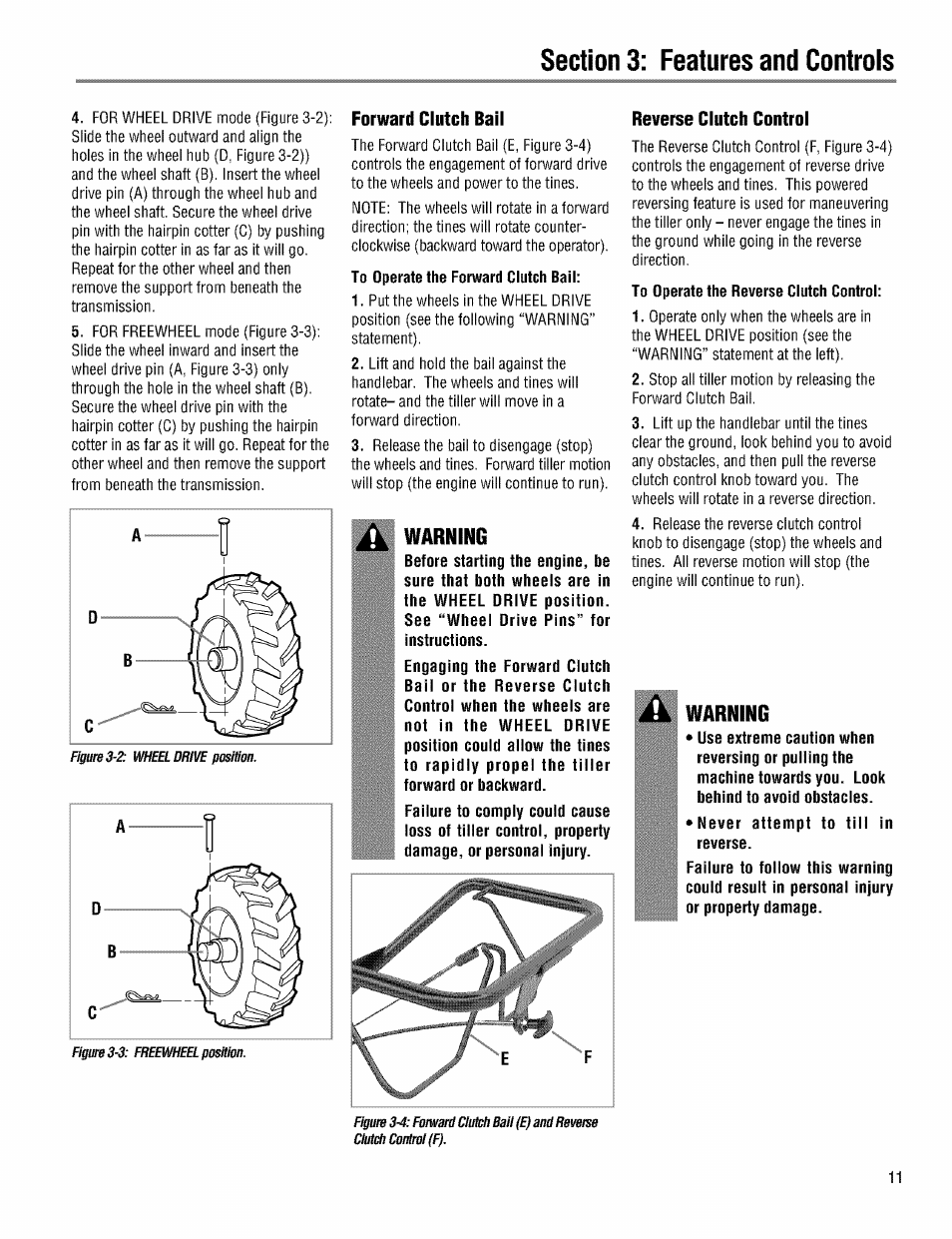 Forward clutch bail, Warning, Reverse clutch control | Troy-Bilt PRO LINE 645AMBRONCO User Manual | Page 11 / 36