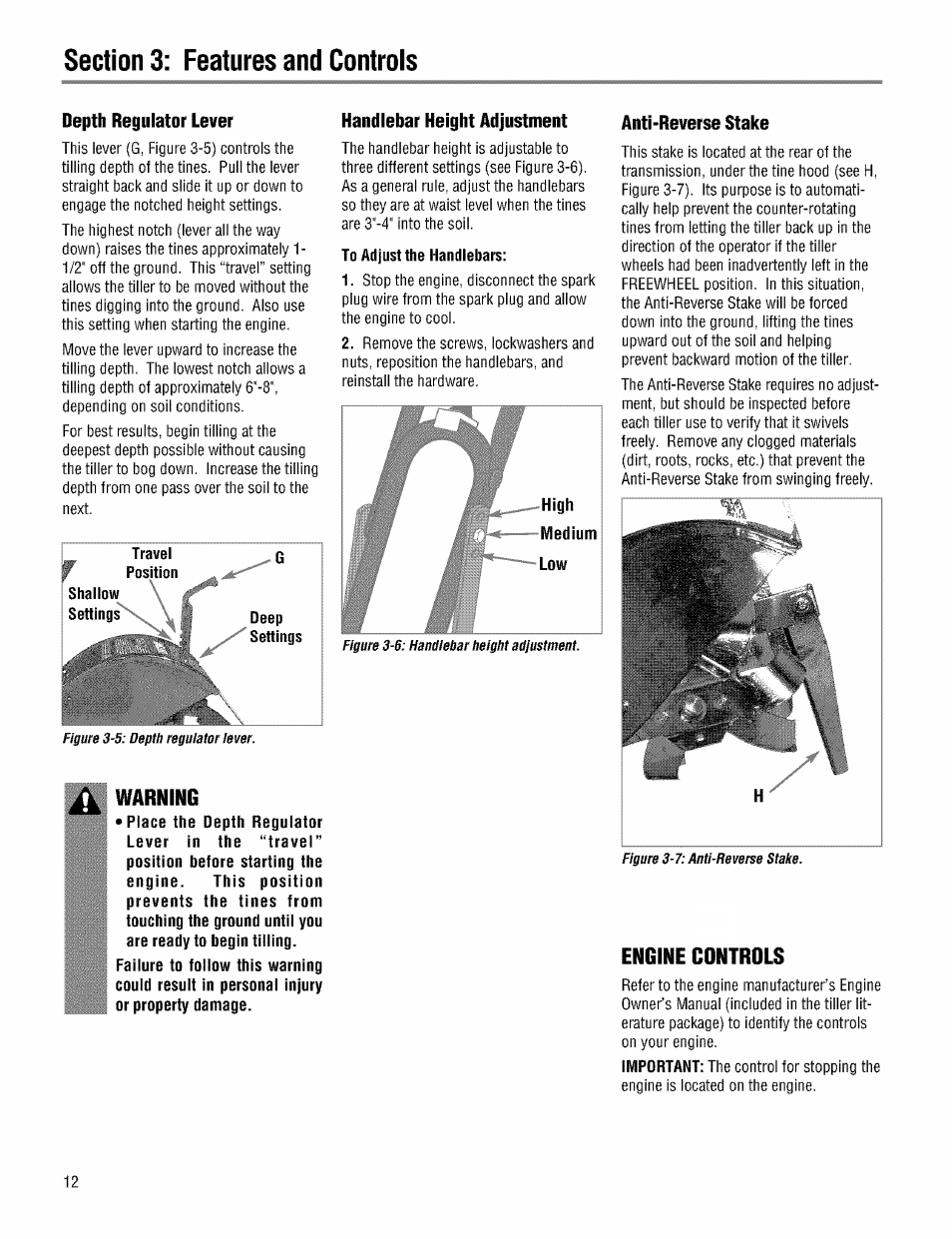 Depth regulator lever, Handlebar height adjustment, Warning | Anti-reverse stake, Engine controls | Troy-Bilt PRO LINE 645AMBRONCO User Manual | Page 12 / 36