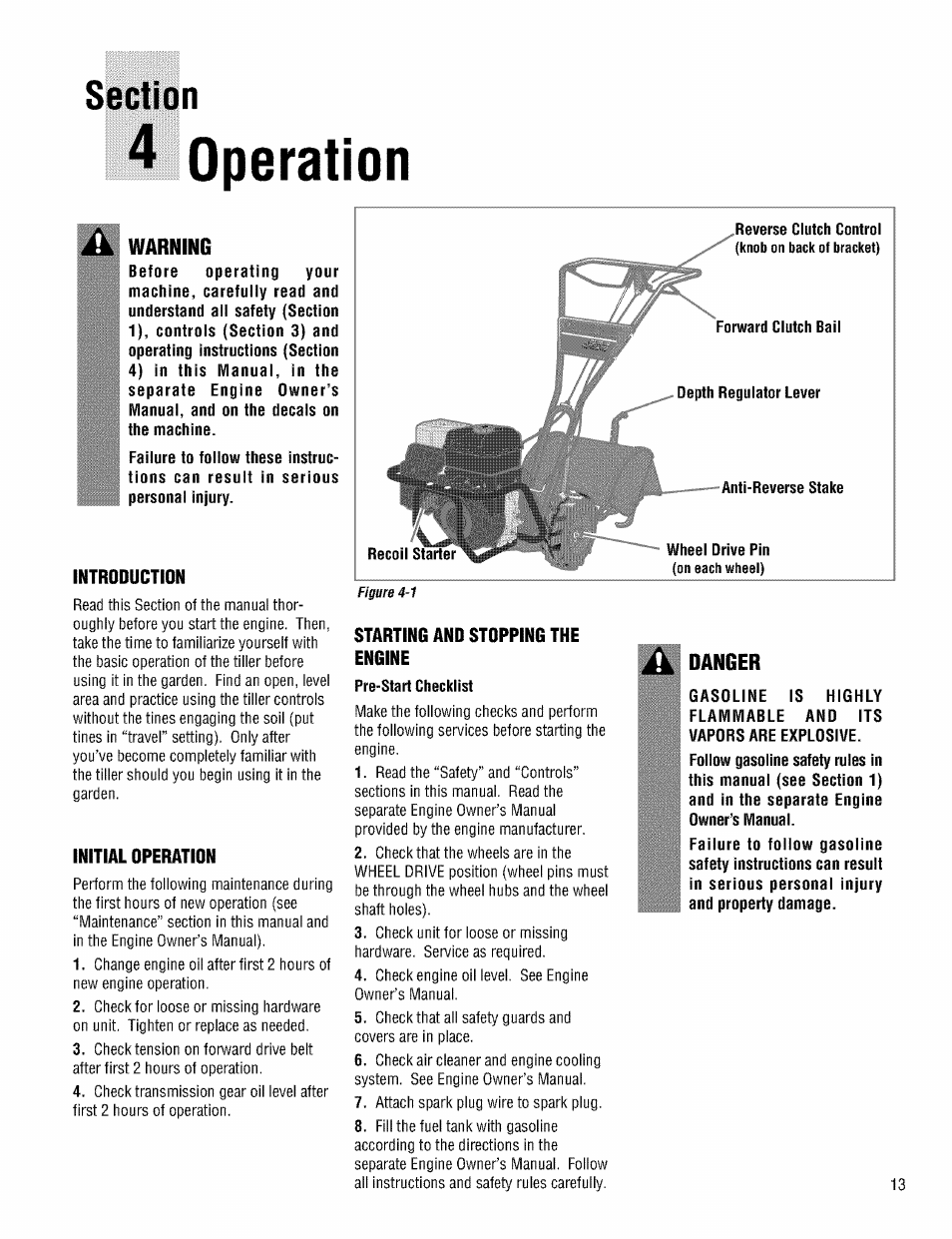 Section, 4 operation, Warning | Introduction, Initial operation, Starting and stopping the engine | Troy-Bilt PRO LINE 645AMBRONCO User Manual | Page 13 / 36