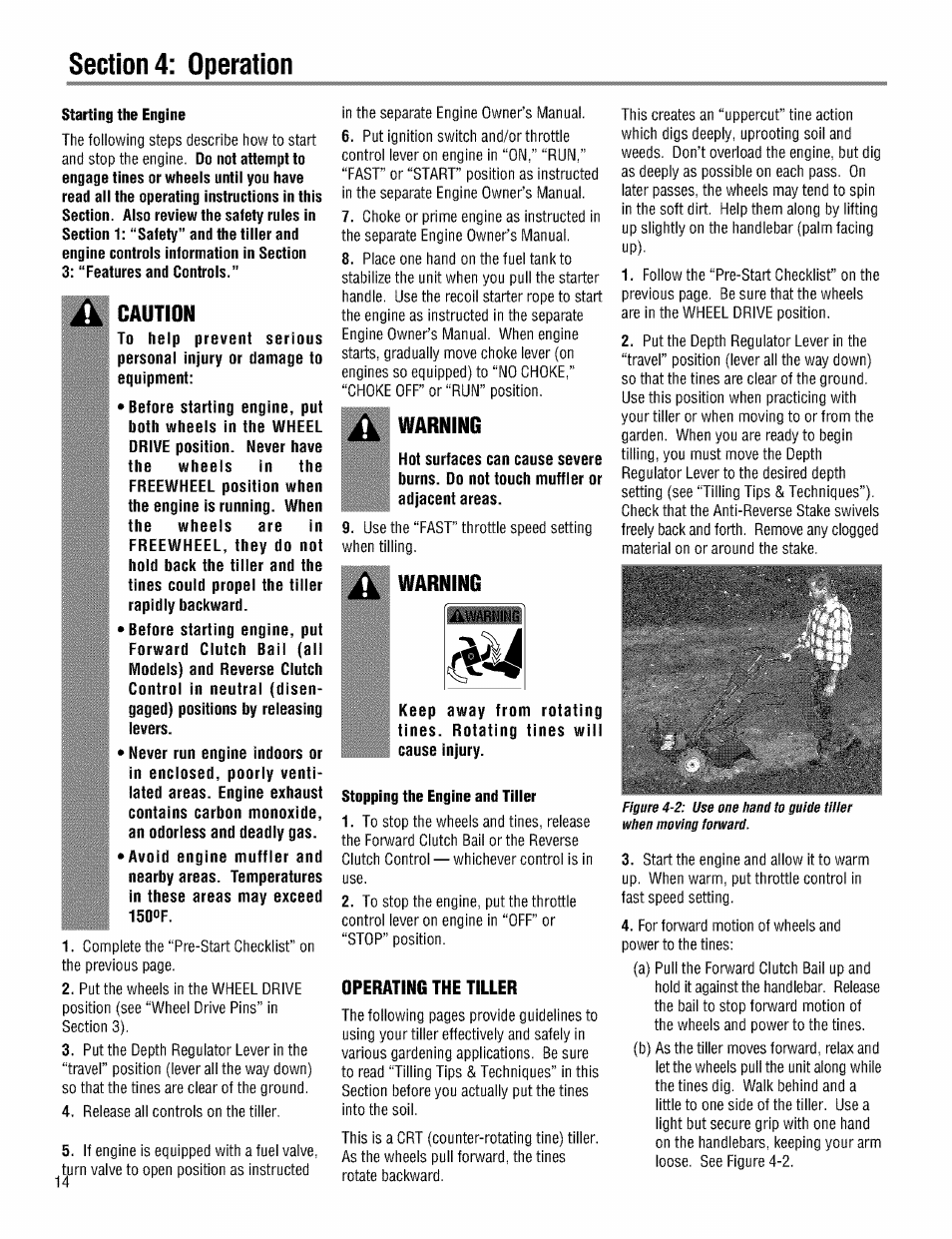 Caution, Warning, Operating the tiller | Troy-Bilt PRO LINE 645AMBRONCO User Manual | Page 14 / 36