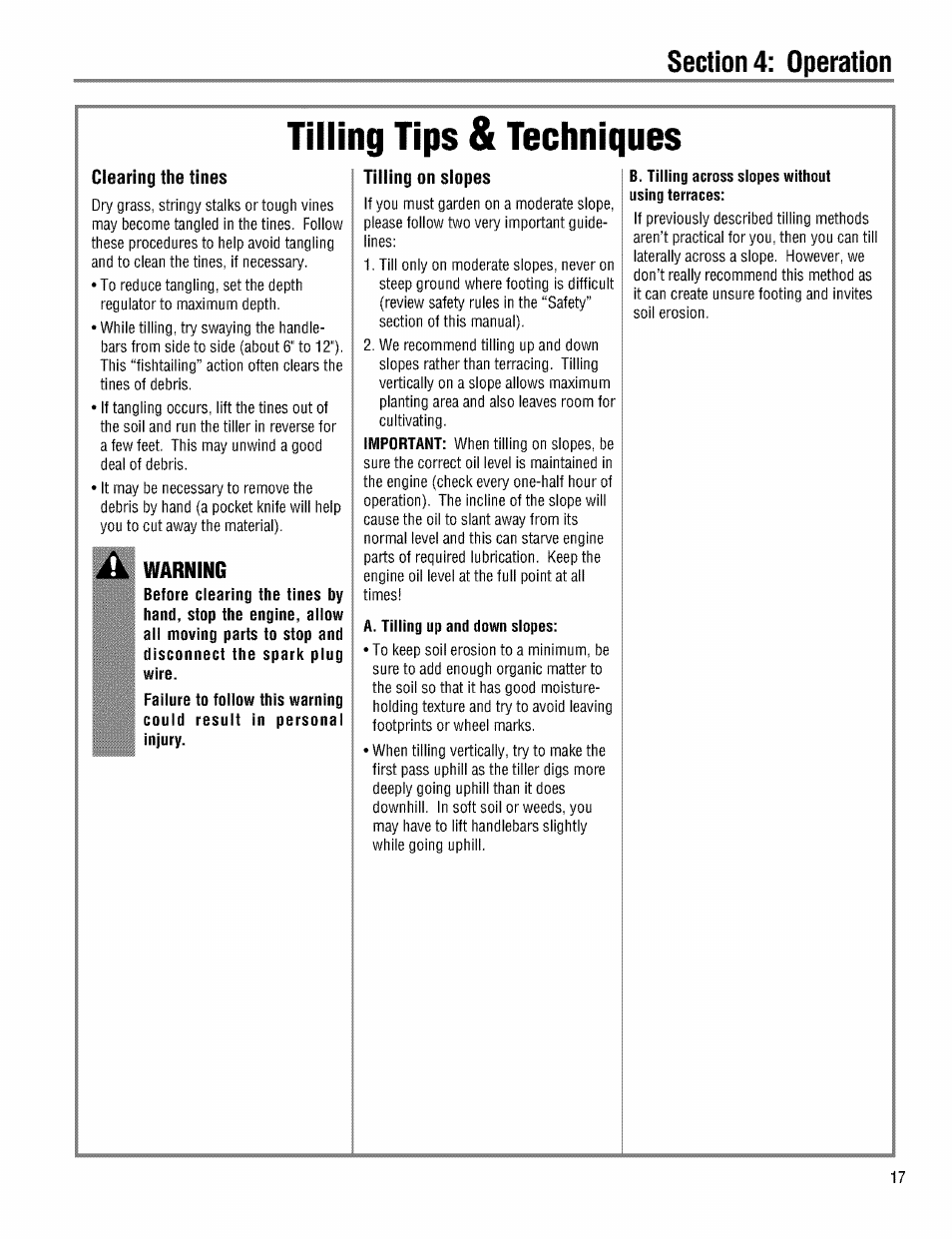 Tilling tips & techniques, Warning | Troy-Bilt PRO LINE 645AMBRONCO User Manual | Page 17 / 36