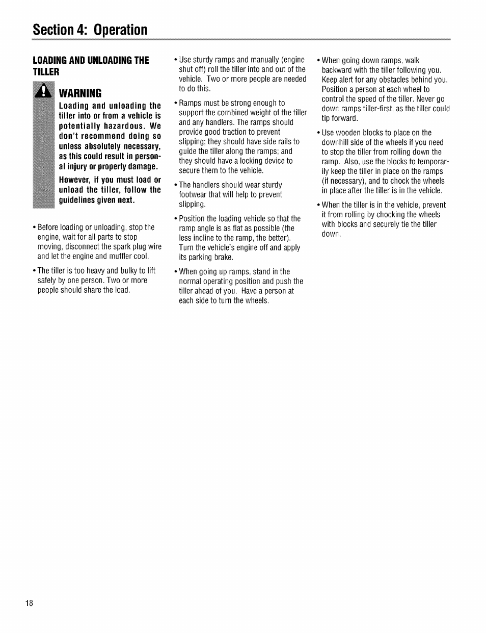 Loading and unloading the tiller, Warning | Troy-Bilt PRO LINE 645AMBRONCO User Manual | Page 18 / 36
