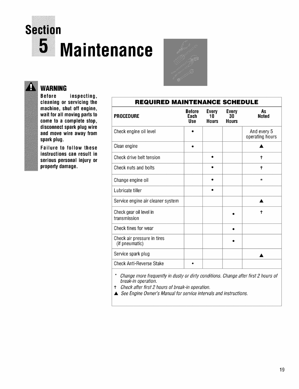 Section, 5 maintenance, Warning | Troy-Bilt PRO LINE 645AMBRONCO User Manual | Page 19 / 36