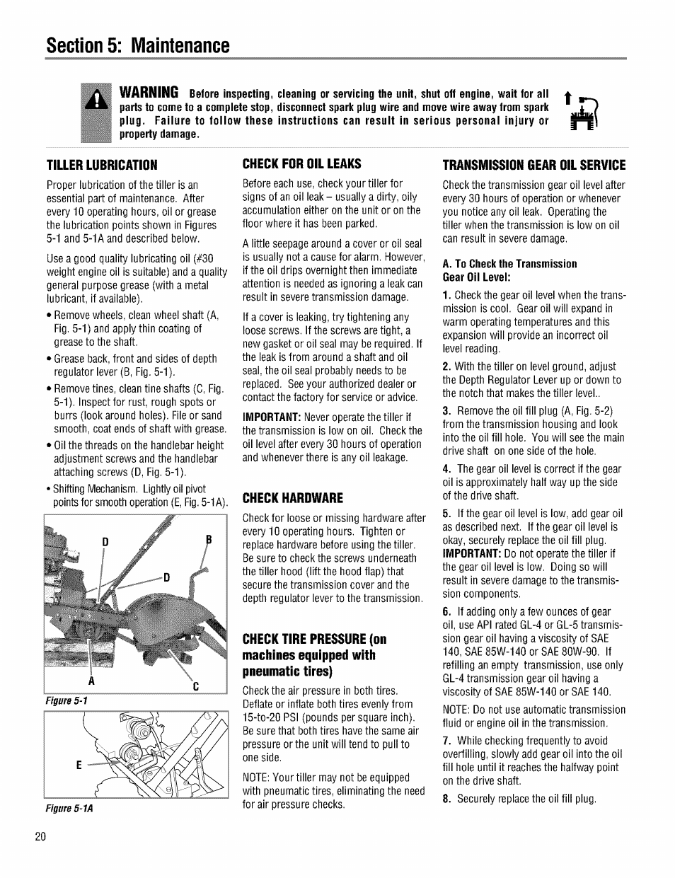 Tiller lubrication, Check for oil leaks, Check hardware | Transmission gear oil service, Warning | Troy-Bilt PRO LINE 645AMBRONCO User Manual | Page 20 / 36