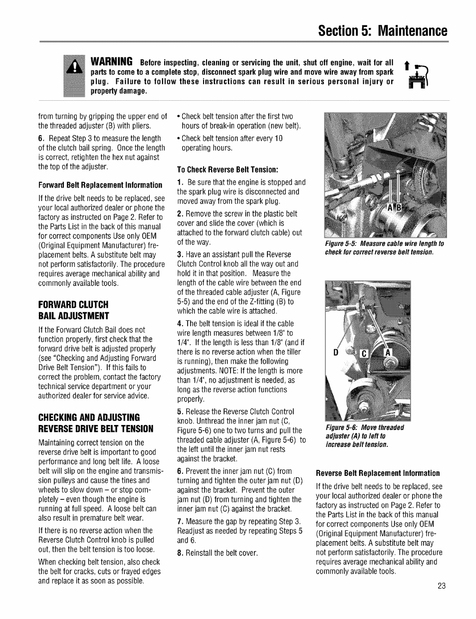 Forward clutch bail adjustment, Checking and adjusting reverse drive belt tension | Troy-Bilt PRO LINE 645AMBRONCO User Manual | Page 23 / 36