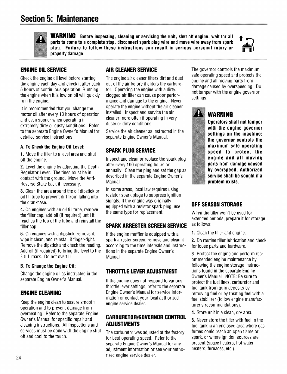 Engine oil service, Engine cleaning, Air cleaner service | Spark plug service, Spark arrester screen service, Throttle lever adjustment, Carburetor/governor control adjustments, Warning, Off season storage | Troy-Bilt PRO LINE 645AMBRONCO User Manual | Page 24 / 36