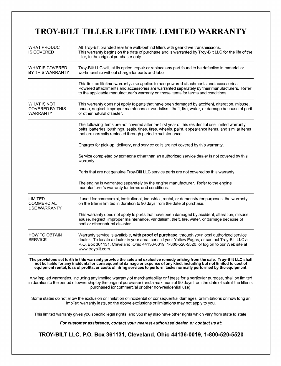 Troy-bilt tiller lifetime limited warranty | Troy-Bilt PRO LINE 645AMBRONCO User Manual | Page 36 / 36