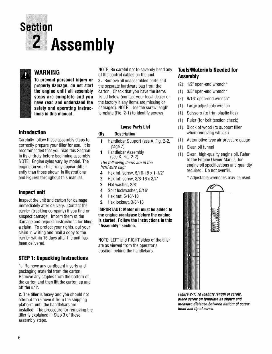 Section, 2 assembly, Warning | Introduction, Inspect unit, Step 1: unpacking instructions, Toois/materiais needed for assembiy | Troy-Bilt PRO LINE 645AMBRONCO User Manual | Page 6 / 36