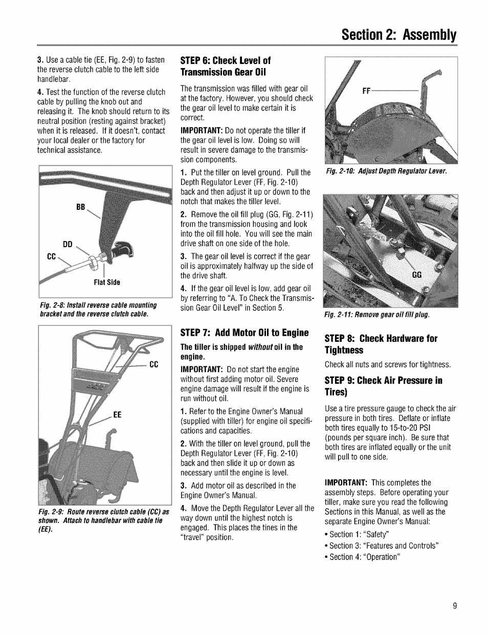 Step 6: check level of transmission gear oil, Step 7: add motor oil to engine, Step 8: check hardware for tightness | Step 9: check air pressure in tires) | Troy-Bilt PRO LINE 645AMBRONCO User Manual | Page 9 / 36