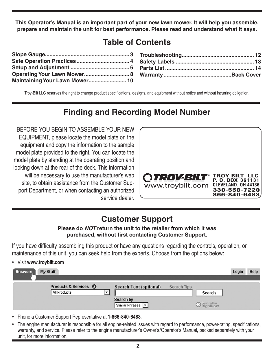 Customer support | Troy-Bilt 420 User Manual | Page 2 / 16