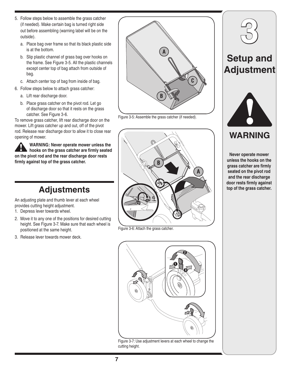 Setup and adjustment, Warning, Adjustments | Troy-Bilt 420 User Manual | Page 7 / 16