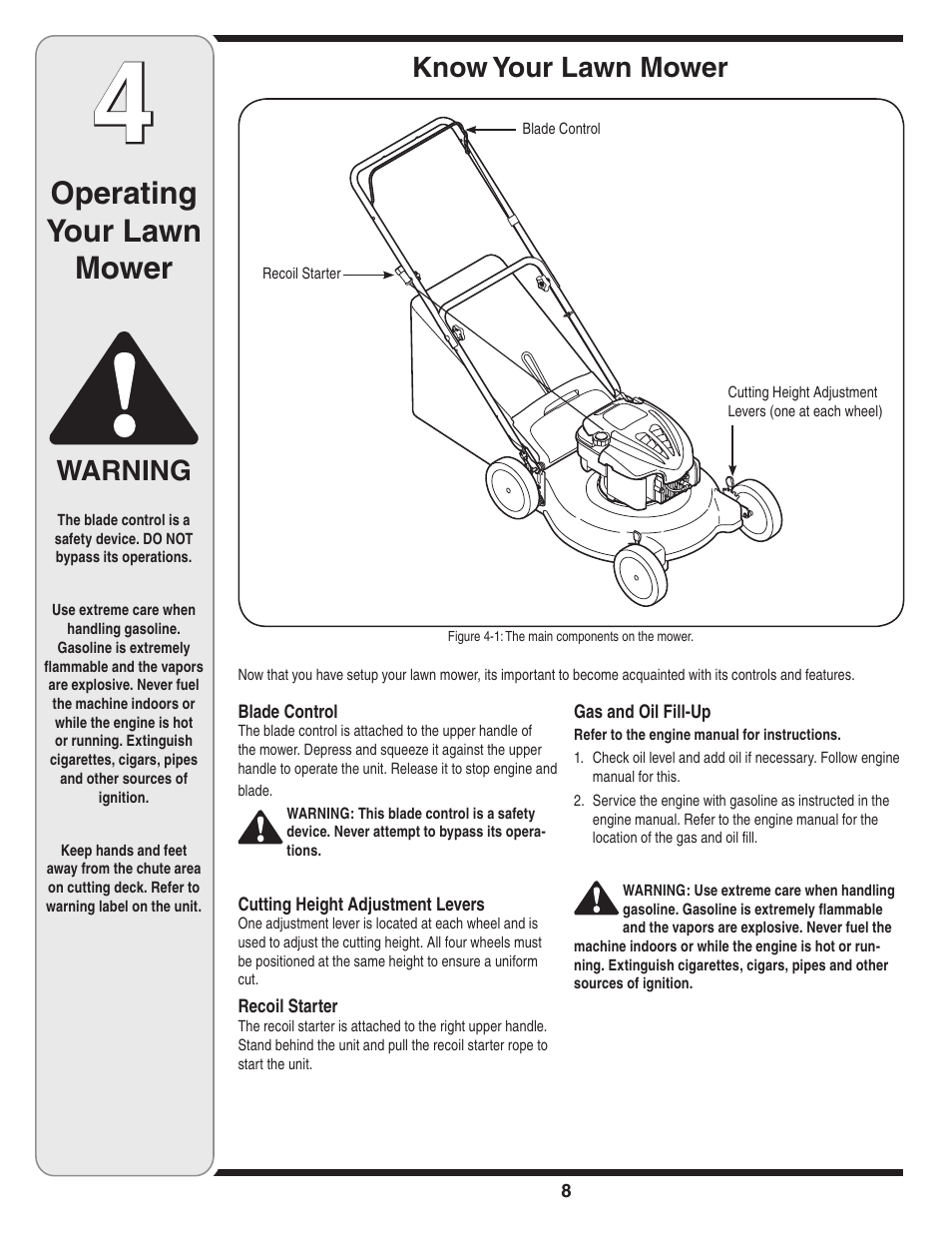 Operating your lawn mower, Warning, Know your lawn mower | Troy-Bilt 420 User Manual | Page 8 / 16