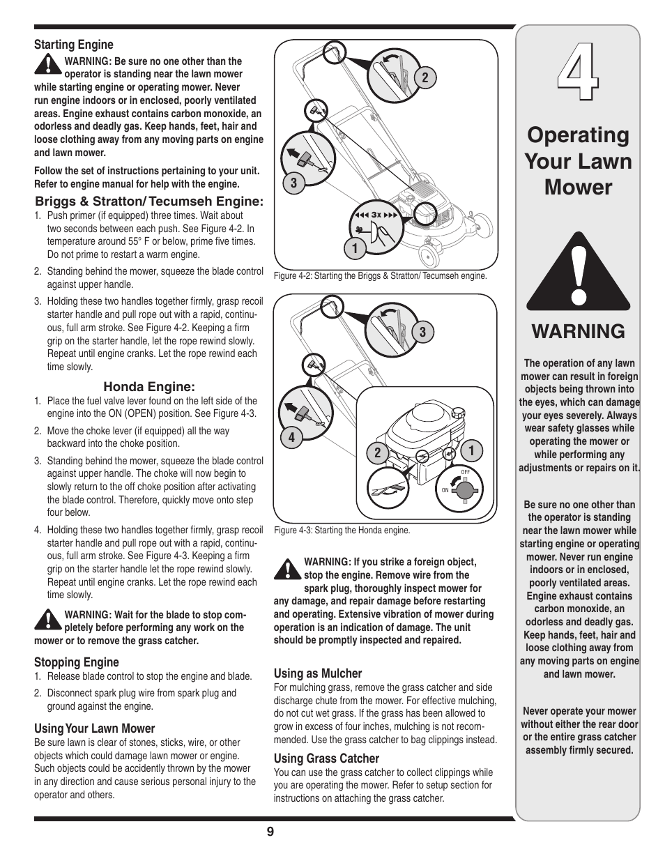 Operating your lawn mower, Warning | Troy-Bilt 420 User Manual | Page 9 / 16