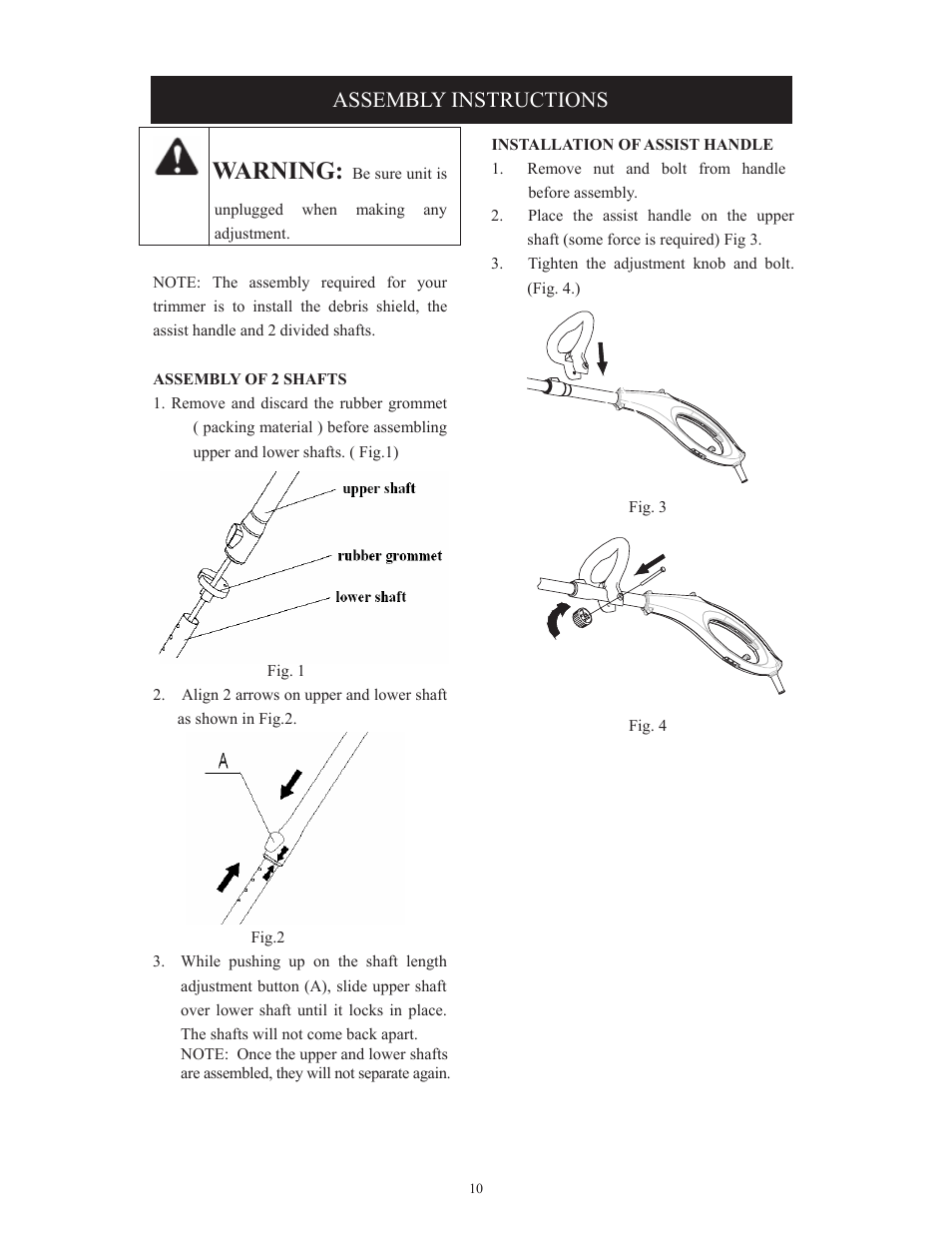 Warning, Assembly instructions | Troy-Bilt TB495 User Manual | Page 10 / 60