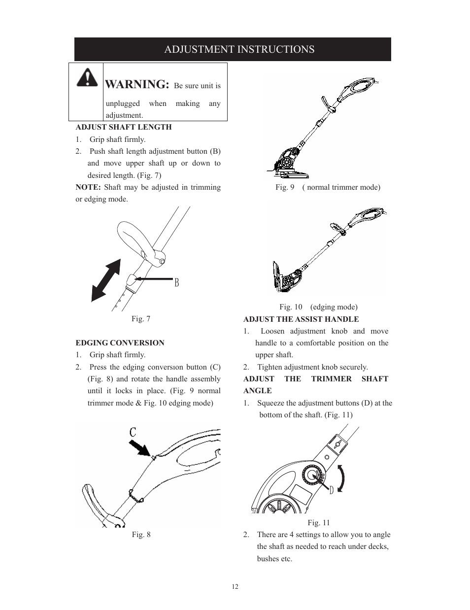 Warning, Adjustment instructions | Troy-Bilt TB495 User Manual | Page 12 / 60