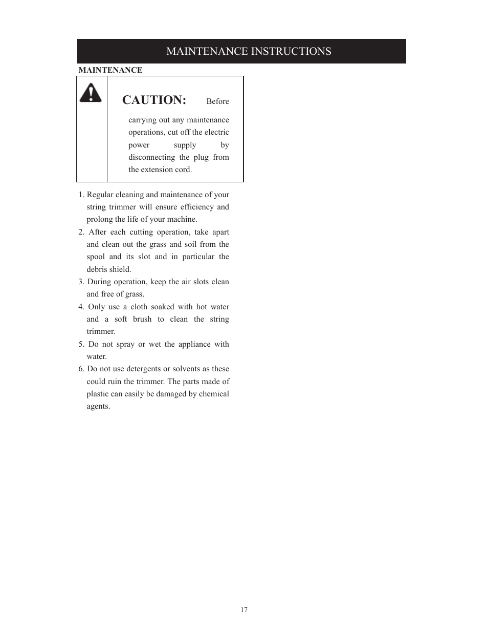 Caution, Maintenance instructions | Troy-Bilt TB495 User Manual | Page 17 / 60