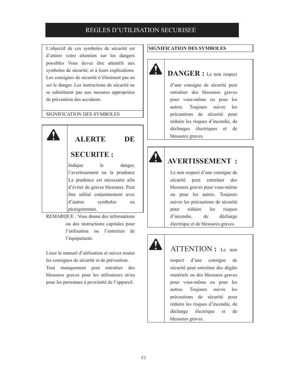 Alerte de securite, Danger, Avertissement | Attention | Troy-Bilt TB495 User Manual | Page 23 / 60