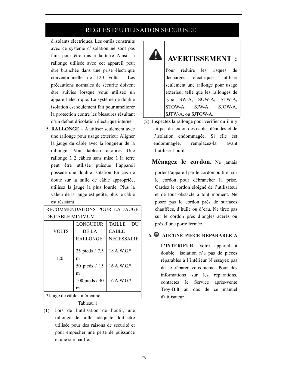 Avertissement, Regles d’utilisation securisee, Ménagez le cordon | Troy-Bilt TB495 User Manual | Page 26 / 60