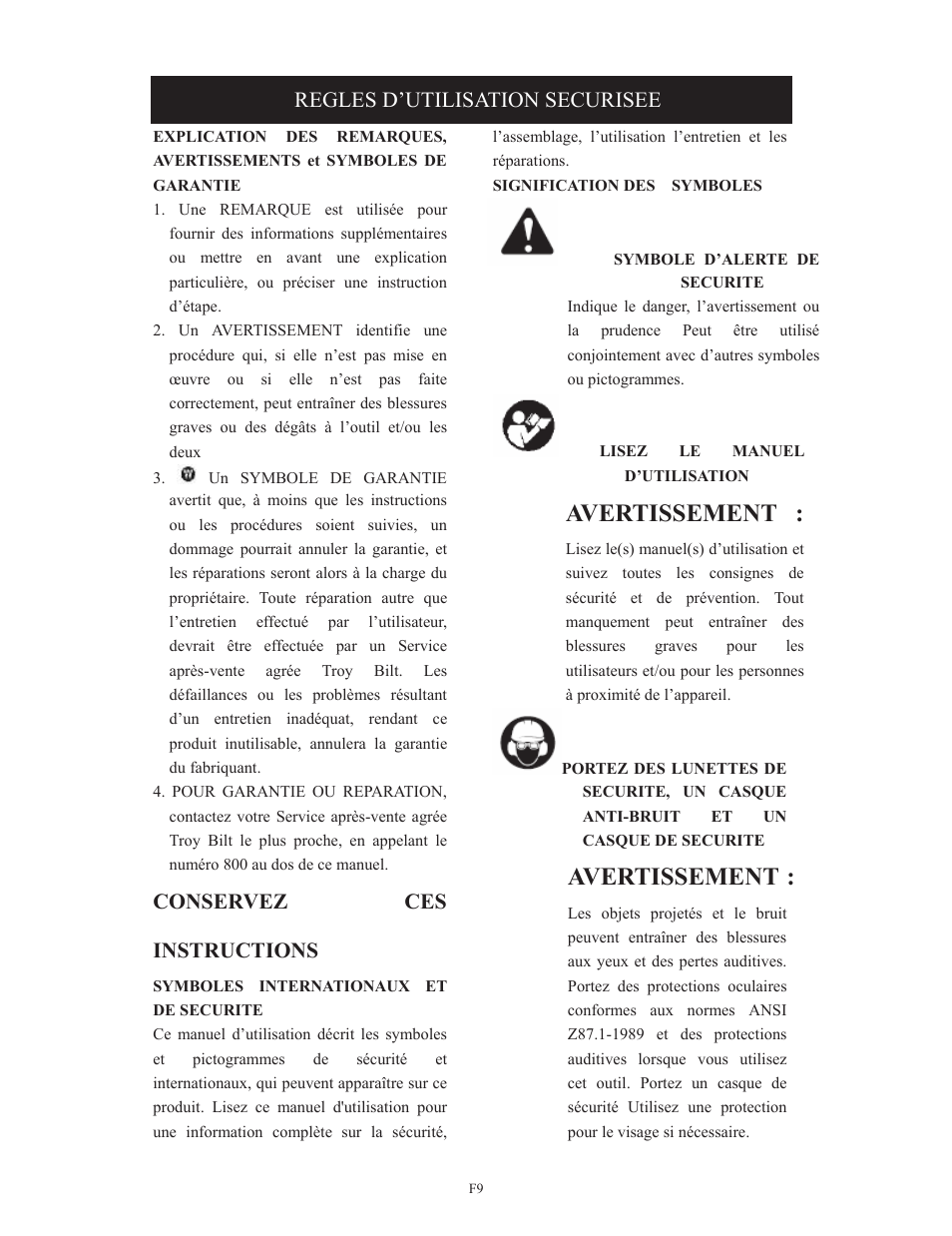 Avertissement, Conservez ces instructions, Regles d’utilisation securisee | Troy-Bilt TB495 User Manual | Page 29 / 60