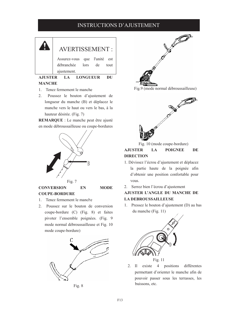 Avertissement, Instructions d’ajustement | Troy-Bilt TB495 User Manual | Page 33 / 60