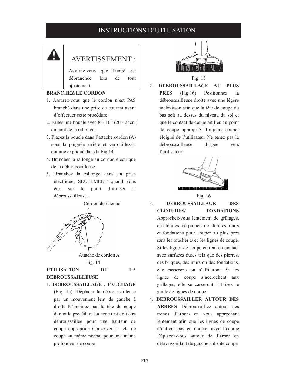 Avertissement, Instructions d’utilisation | Troy-Bilt TB495 User Manual | Page 35 / 60