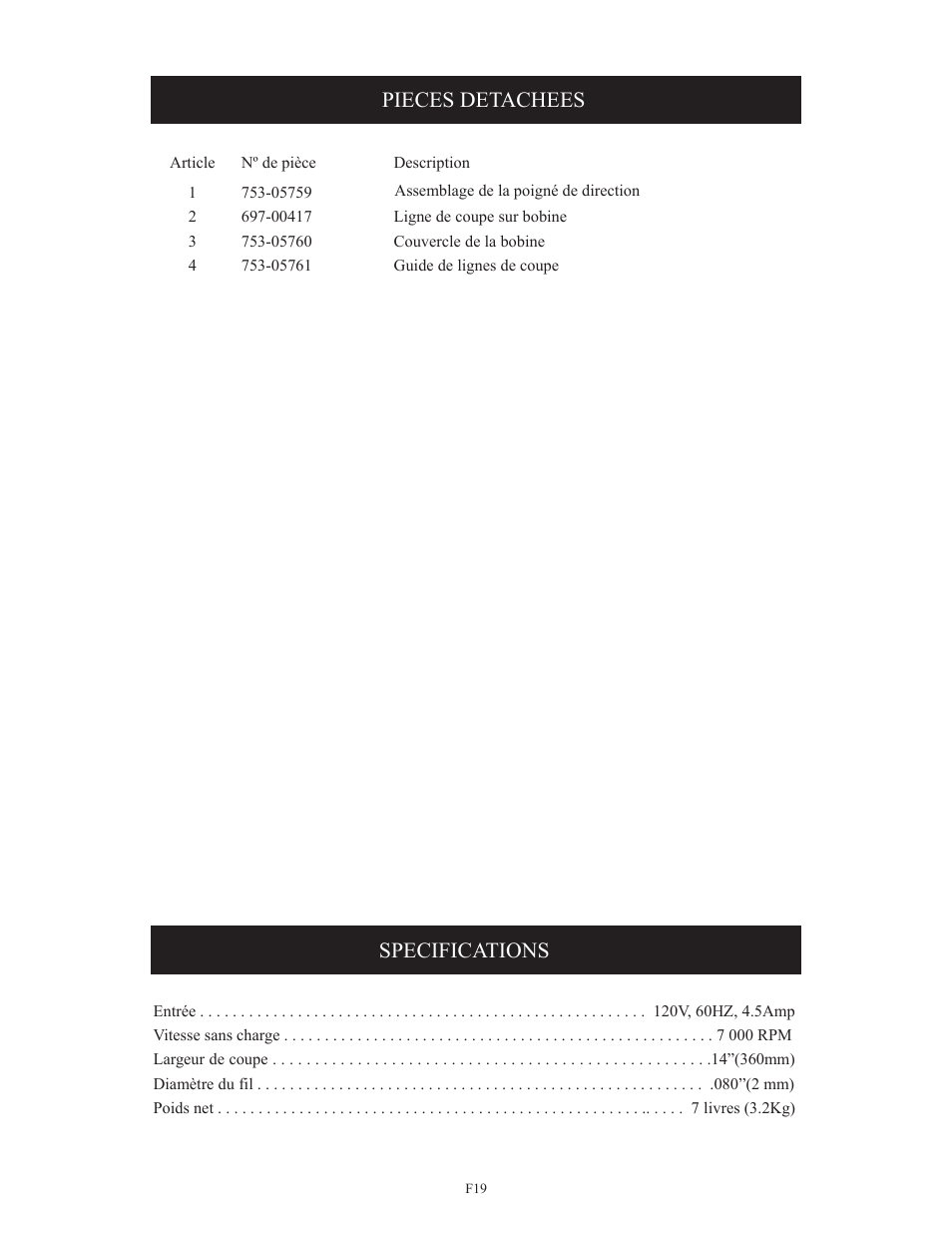 Pieces detachees, Specifications | Troy-Bilt TB495 User Manual | Page 39 / 60