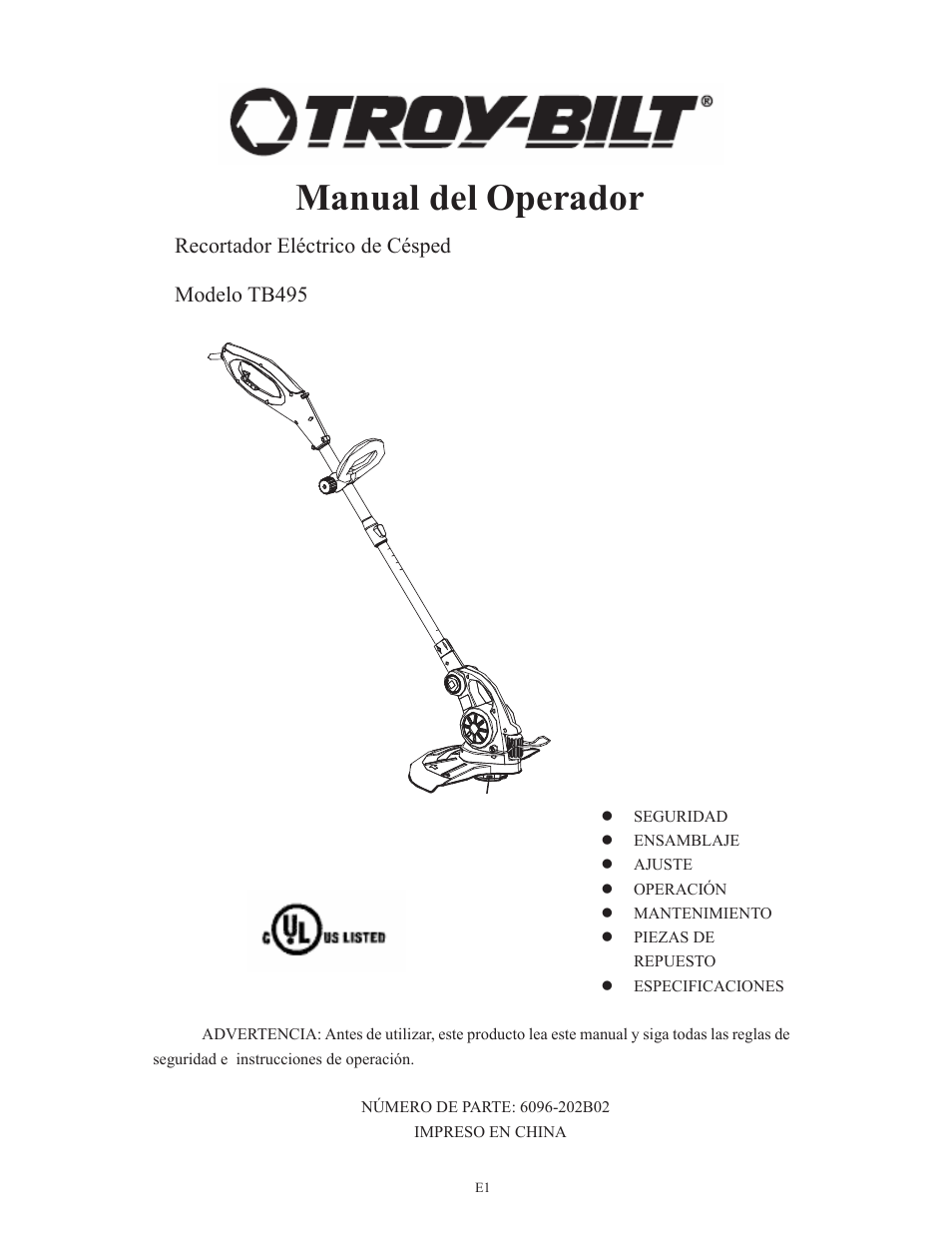 Manual del operador, Recortador eléctrico de césped modelo tb495 | Troy-Bilt TB495 User Manual | Page 41 / 60