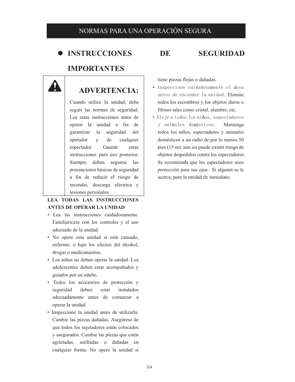 Normas para una operación segura | Troy-Bilt TB495 User Manual | Page 44 / 60