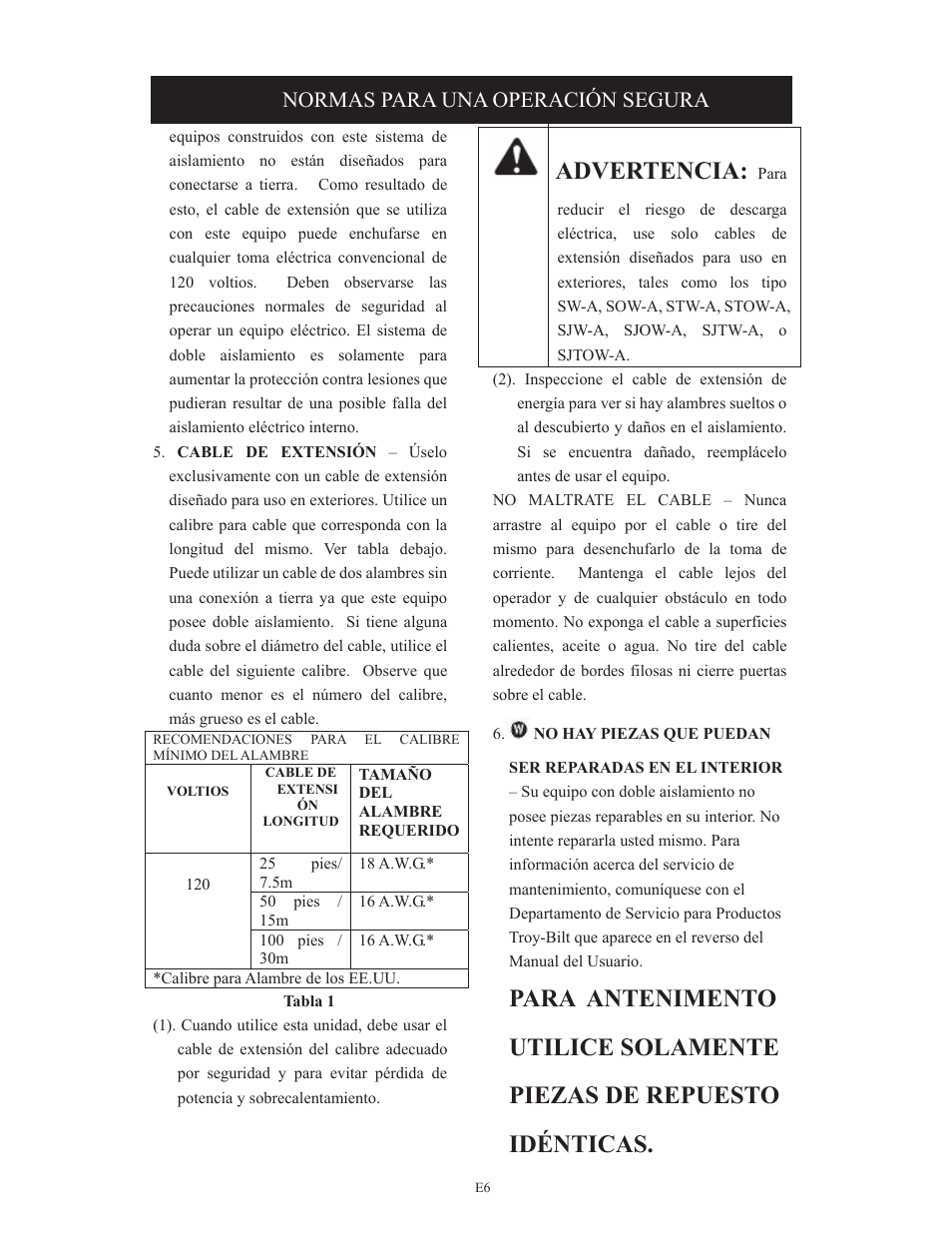Advertencia, Normas para una operación segura | Troy-Bilt TB495 User Manual | Page 46 / 60