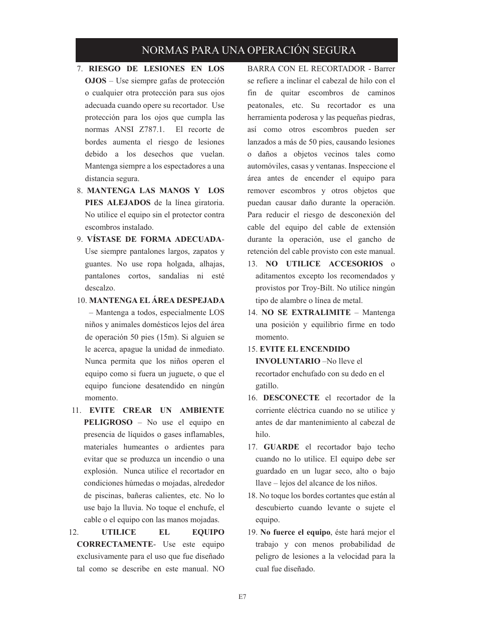 Normas para una operación segura | Troy-Bilt TB495 User Manual | Page 47 / 60