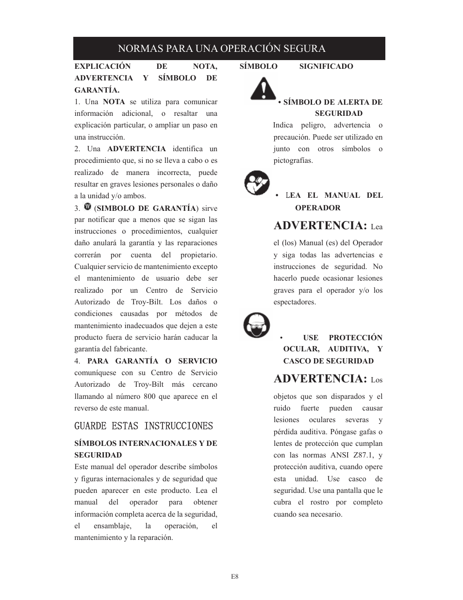 Advertencia, Normas para una operación segura | Troy-Bilt TB495 User Manual | Page 48 / 60