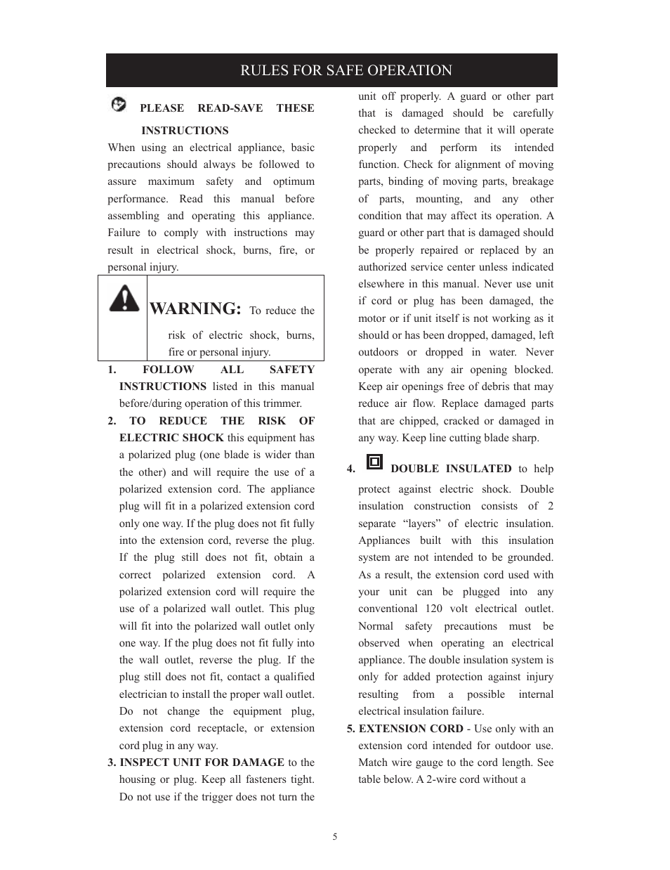 Warning, Rules for safe operation | Troy-Bilt TB495 User Manual | Page 5 / 60