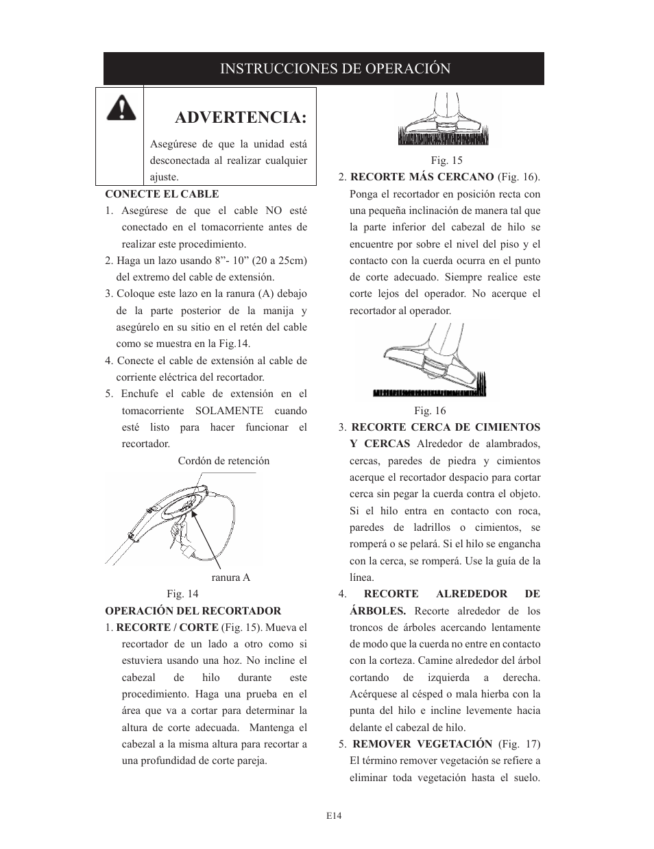 Advertencia, Instrucciones de operación | Troy-Bilt TB495 User Manual | Page 54 / 60