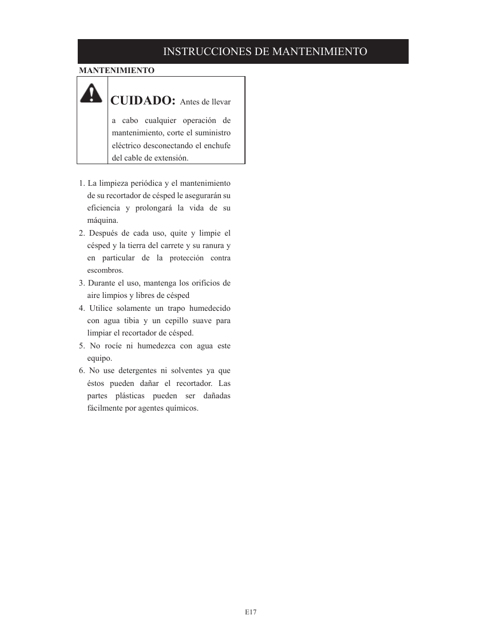 Cuidado, Instrucciones de mantenimiento | Troy-Bilt TB495 User Manual | Page 57 / 60