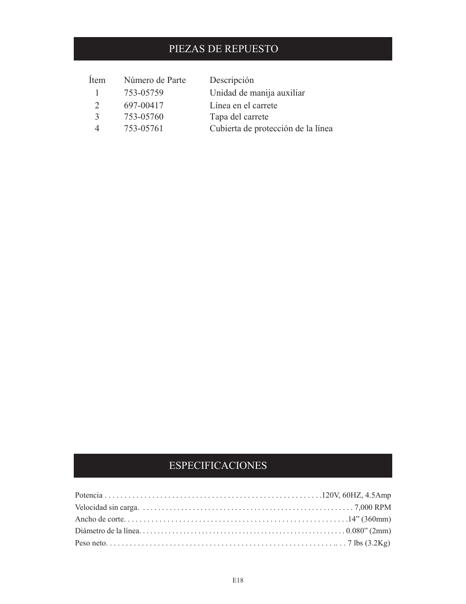 Piezas de repuesto, Especificaciones | Troy-Bilt TB495 User Manual | Page 58 / 60