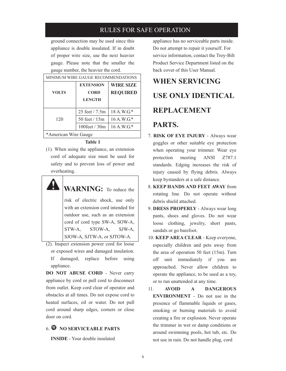 Warning, Rules for safe operation | Troy-Bilt TB495 User Manual | Page 6 / 60