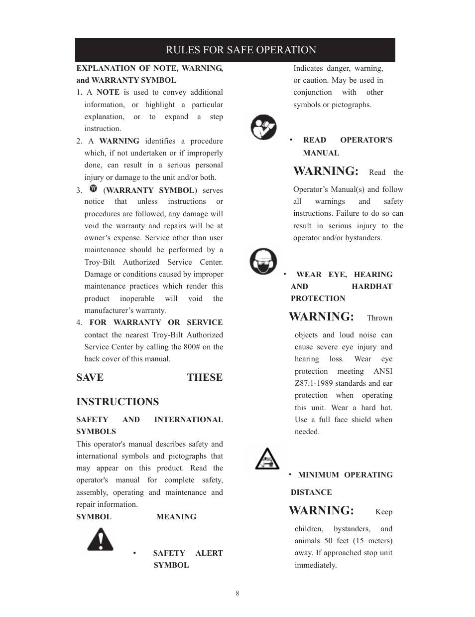Warning, Rules for safe operation, Save  these instructions | Troy-Bilt TB495 User Manual | Page 8 / 60