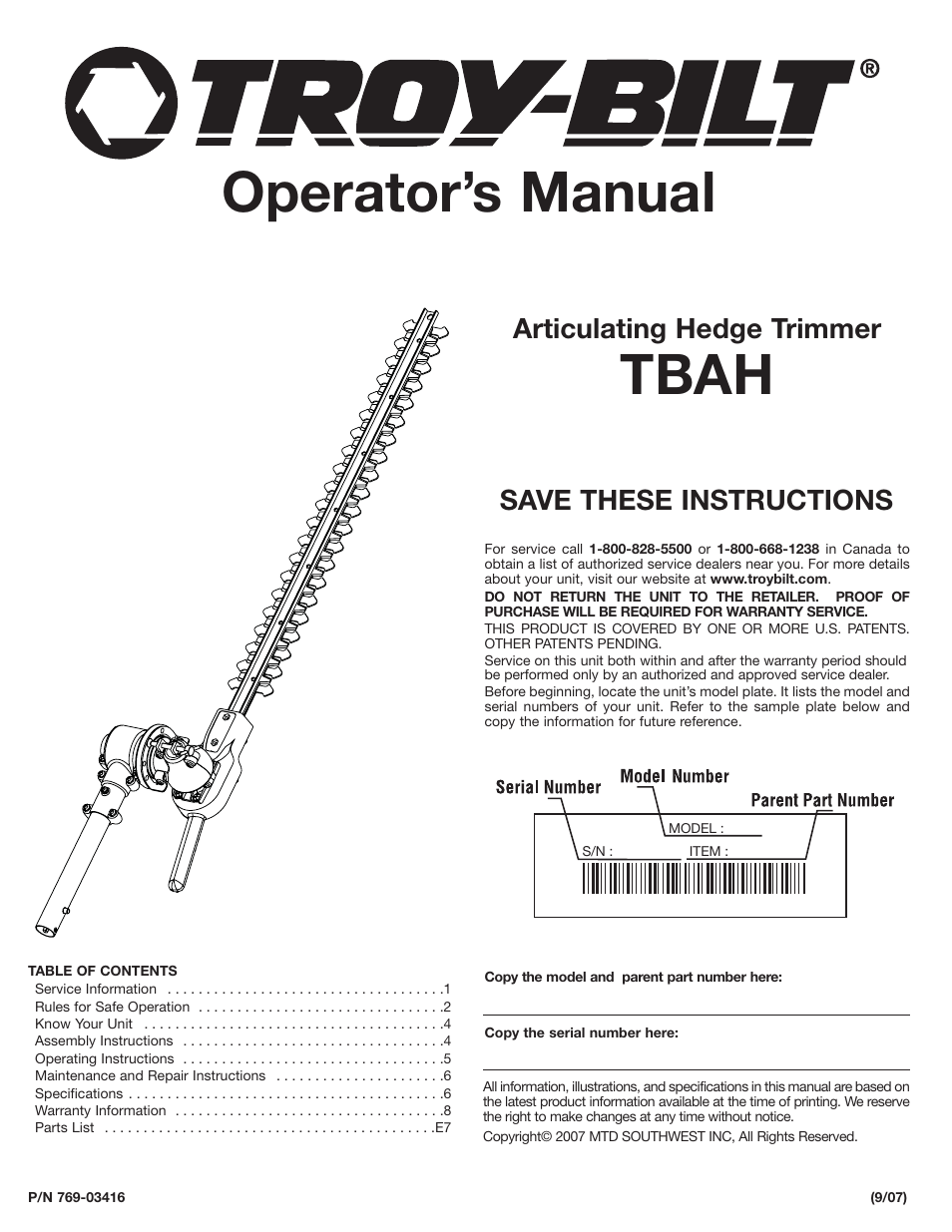 Troy-Bilt TBAH User Manual | 24 pages