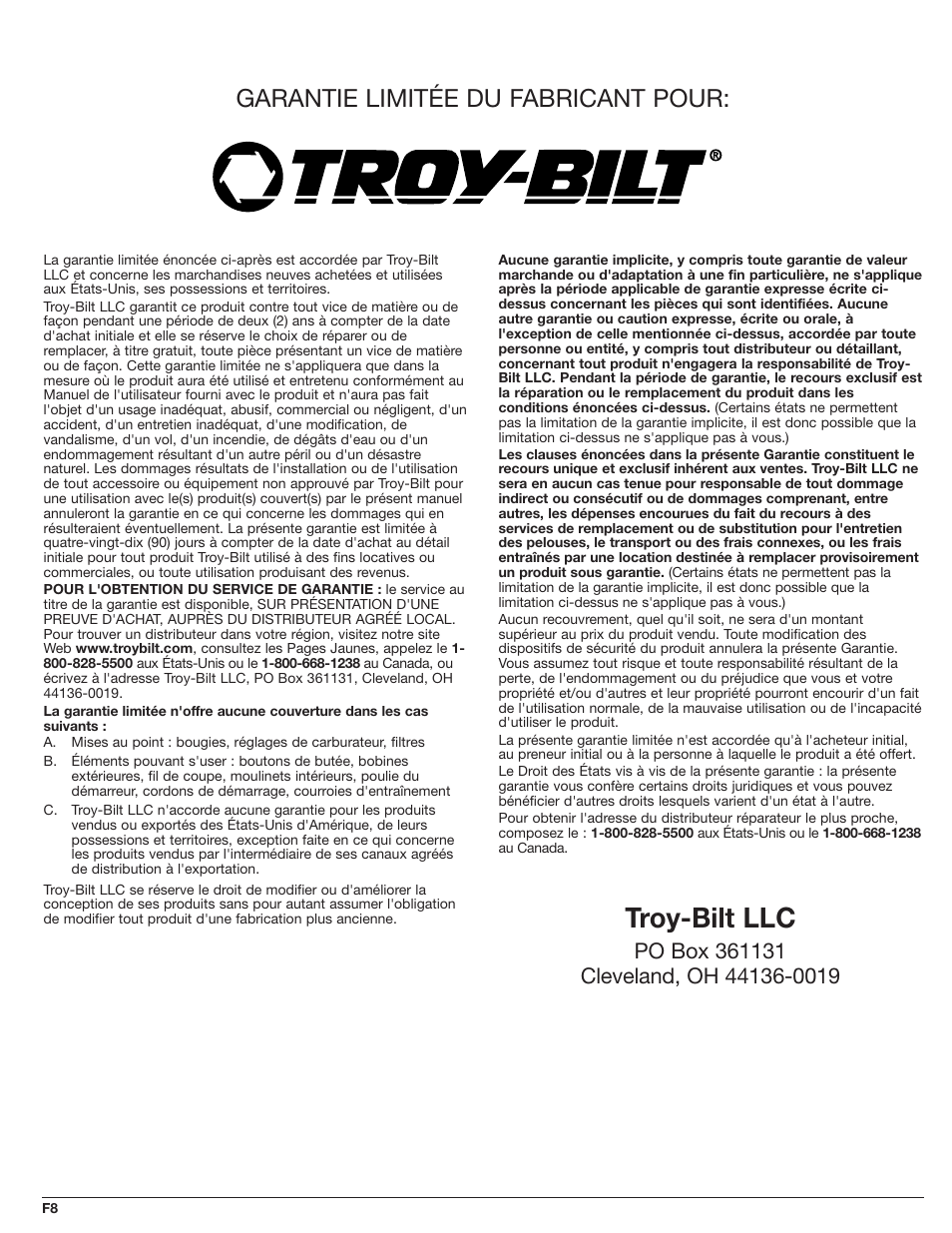 Troy-bilt llc, Garantie limitée du fabricant pour | Troy-Bilt TBAH User Manual | Page 16 / 24