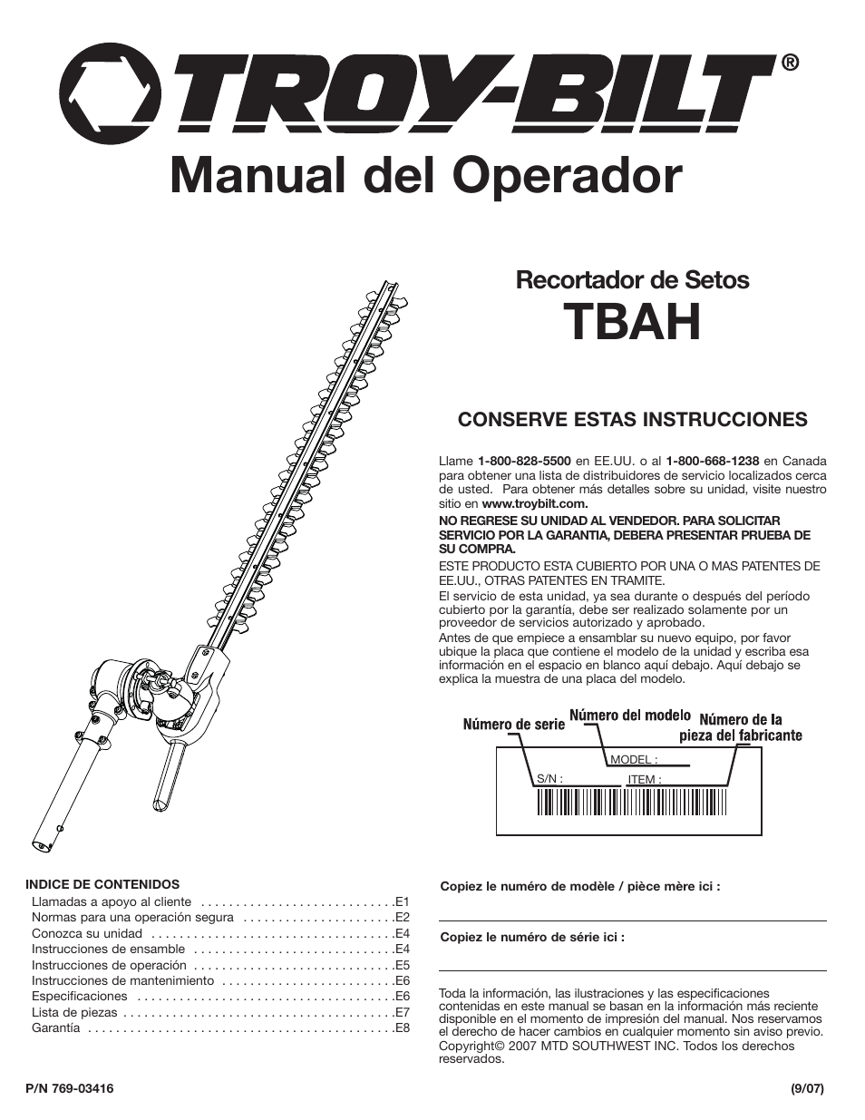 Manual del operador, Tbah, Recortador de setos | Troy-Bilt TBAH User Manual | Page 17 / 24