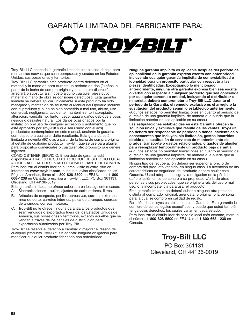 Garantía limitada del fabricante para, Troy-bilt llc | Troy-Bilt TBAH User Manual | Page 24 / 24