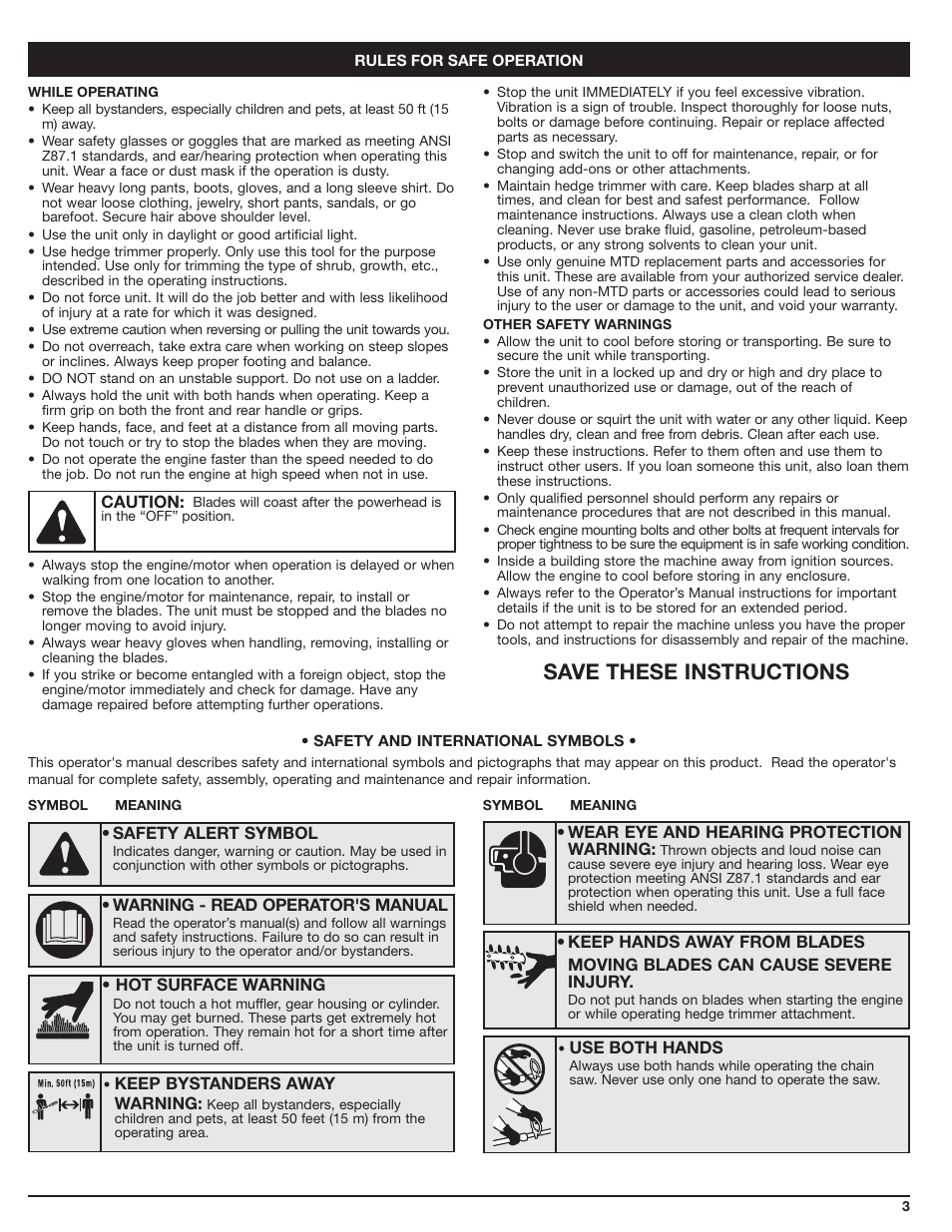 Save these instructions | Troy-Bilt TBAH User Manual | Page 3 / 24