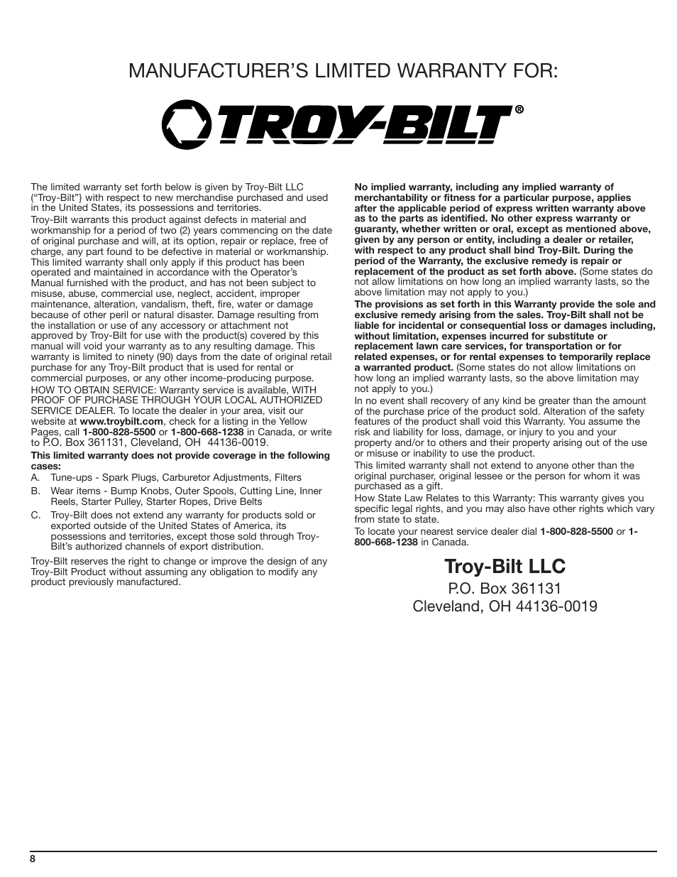Manufacturer’s limited warranty for, Troy-bilt llc | Troy-Bilt TBAH User Manual | Page 8 / 24