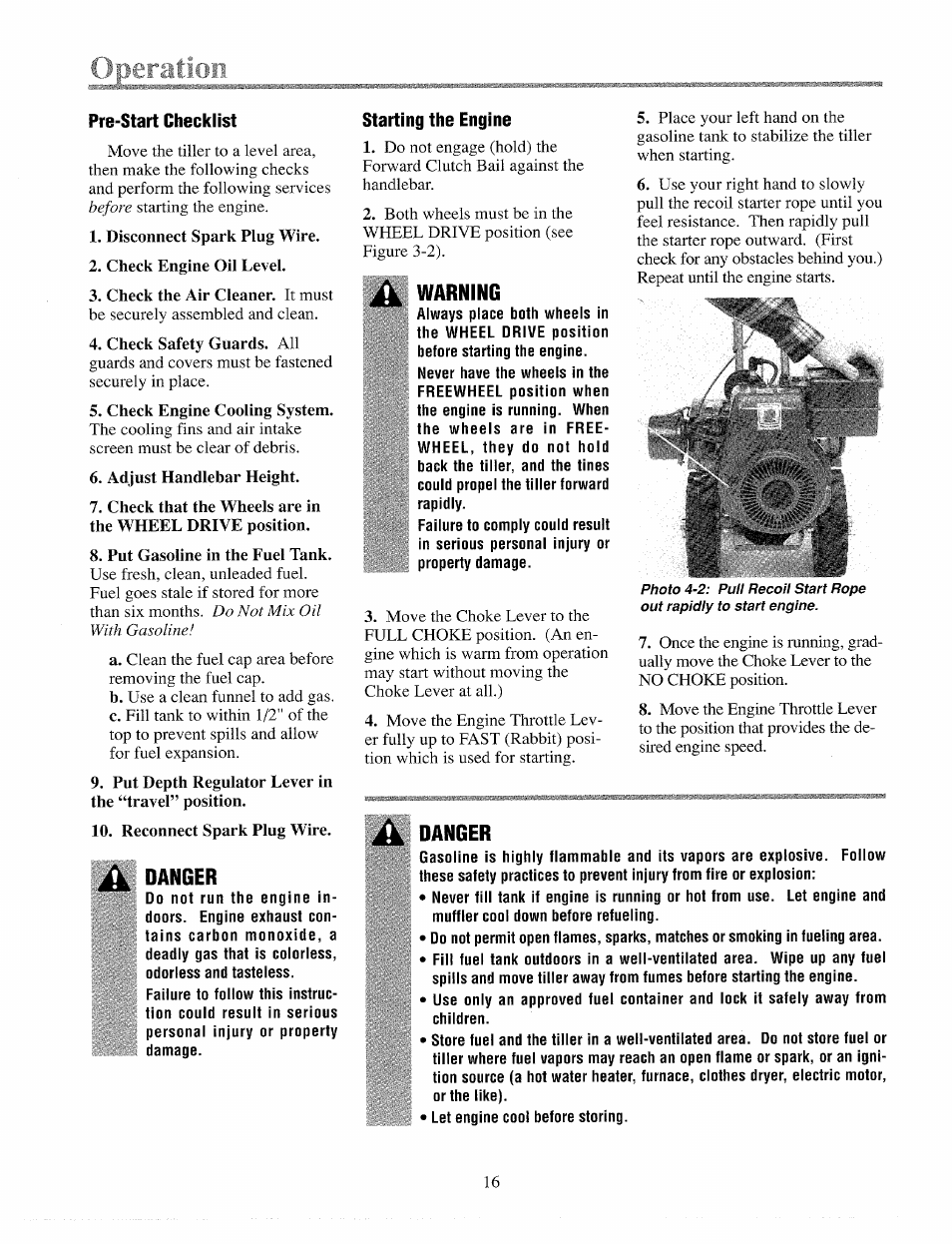 Pre-start checklist, Danger, Starting the engine | Warning, Before, Do not mix oil with gasoline | Troy-Bilt 12065 User Manual | Page 16 / 36