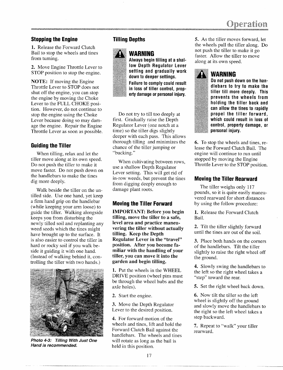 Stopping the engine, Guiding the tiller, Tilling depths | Warning, Moving the tiller forward, Moving the tiller rearward | Troy-Bilt 12065 User Manual | Page 17 / 36