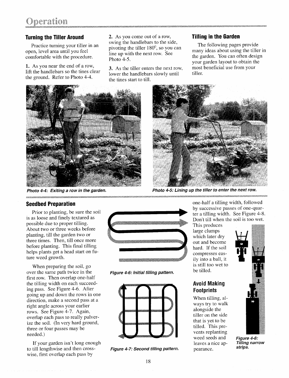 Turning the tider around, Tilling in the garden, Avoid making footprints | Turning the tiller around | Troy-Bilt 12065 User Manual | Page 18 / 36